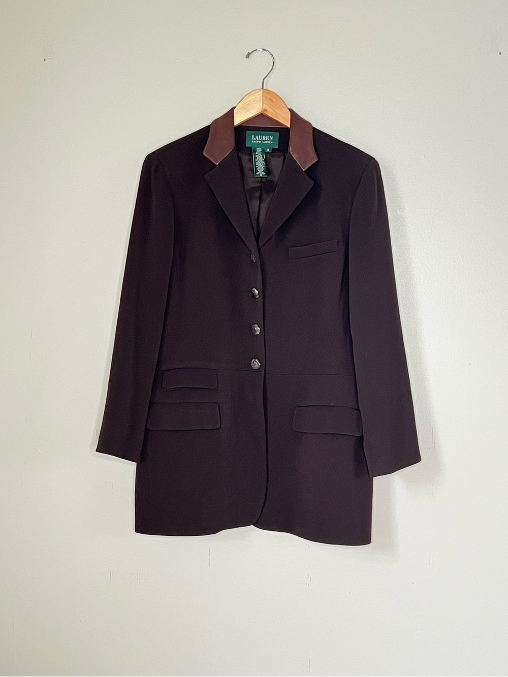 Lauren Ralph Lauren Brown Wool Equestrian Blazer Leather Collar Size 14 Western